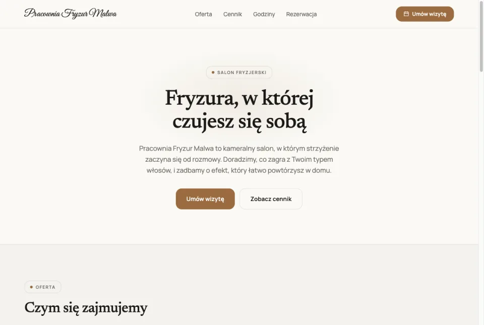 Strona pokazowa salonu fryzjerskiego Pracownia Fryzur Malwa